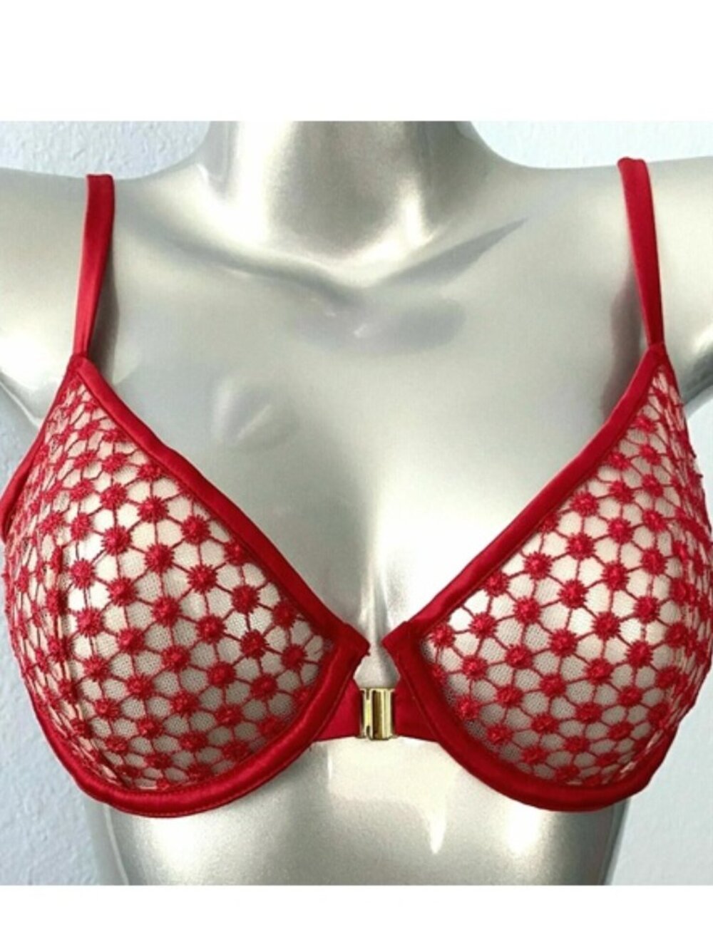 Victorias Secret Luxe Lipstick Starburst Strappy Front Close Demi Bra 34DD Nwt
